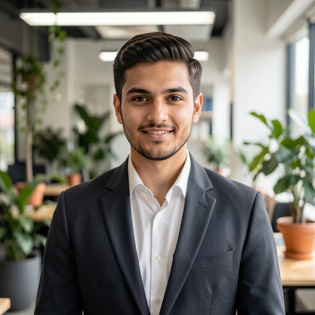 Portrait of Marcus Leung, research editor, in a modern workspace with plants and natural overhead lighting