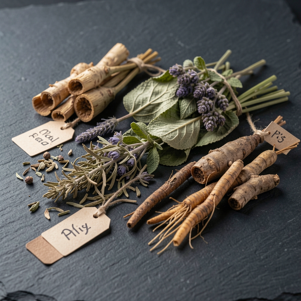 Close-up of dried botanical herbs and roots arranged on a dark slate surface under controlled studio lighting, with small label tags