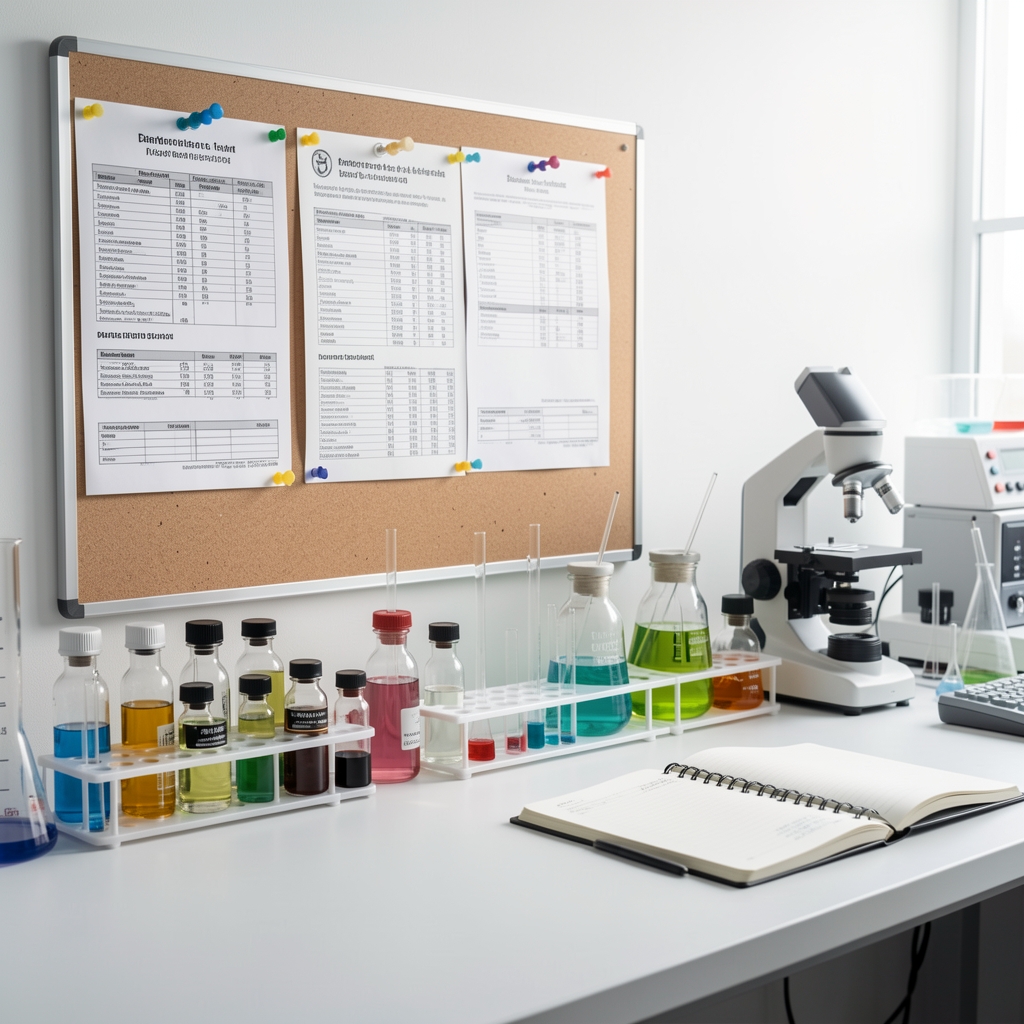 Laboratory workspace with glass vials, ingredient specification sheets pinned to a board, and a notebook open under bright studio lighting