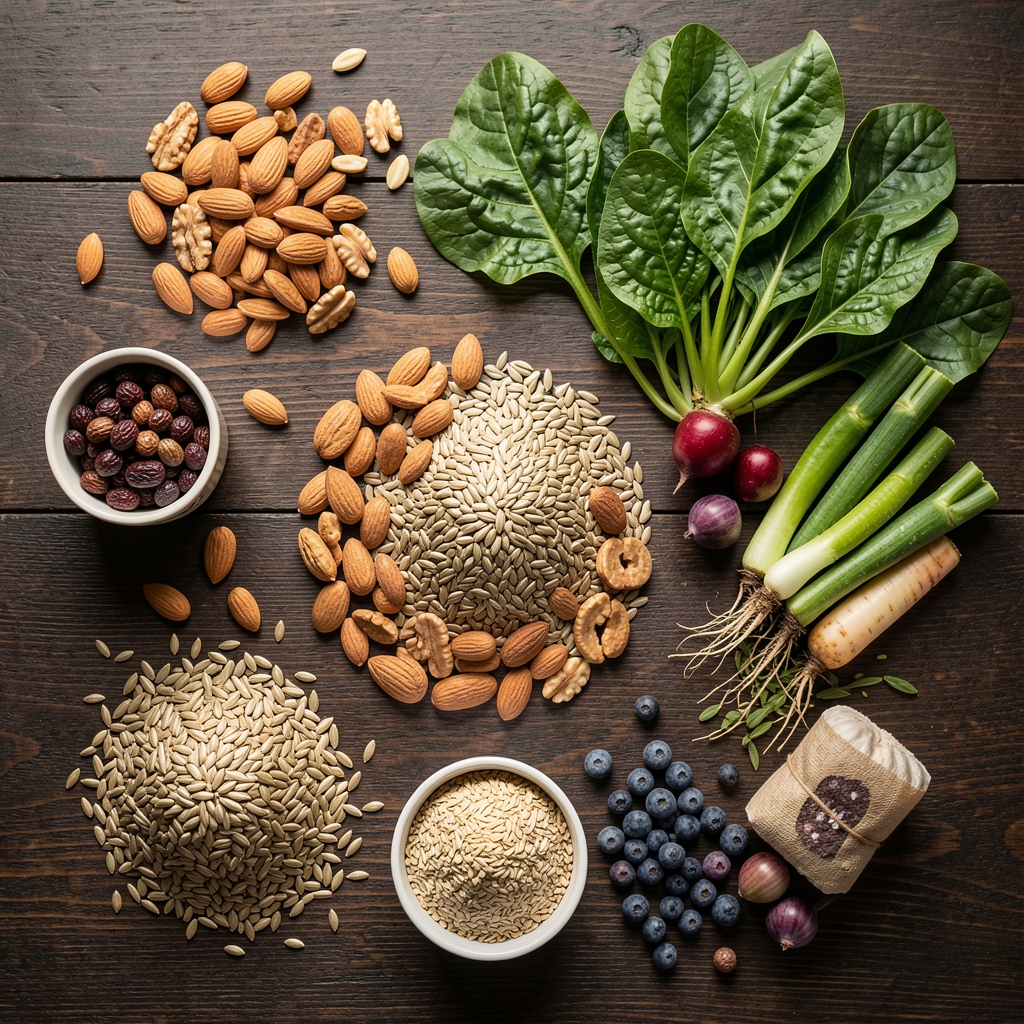 Flat-lay of whole foods including nuts, seeds, leafy greens and mineral-rich vegetables arranged on a dark wooden surface in natural morning light