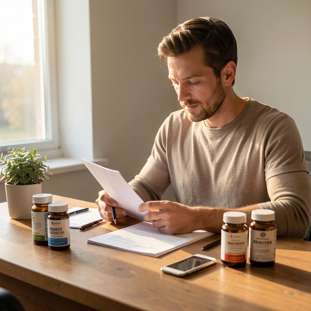 Man at a wooden desk in early morning light, reviewing nutrition notes and supplement containers with natural light from a window