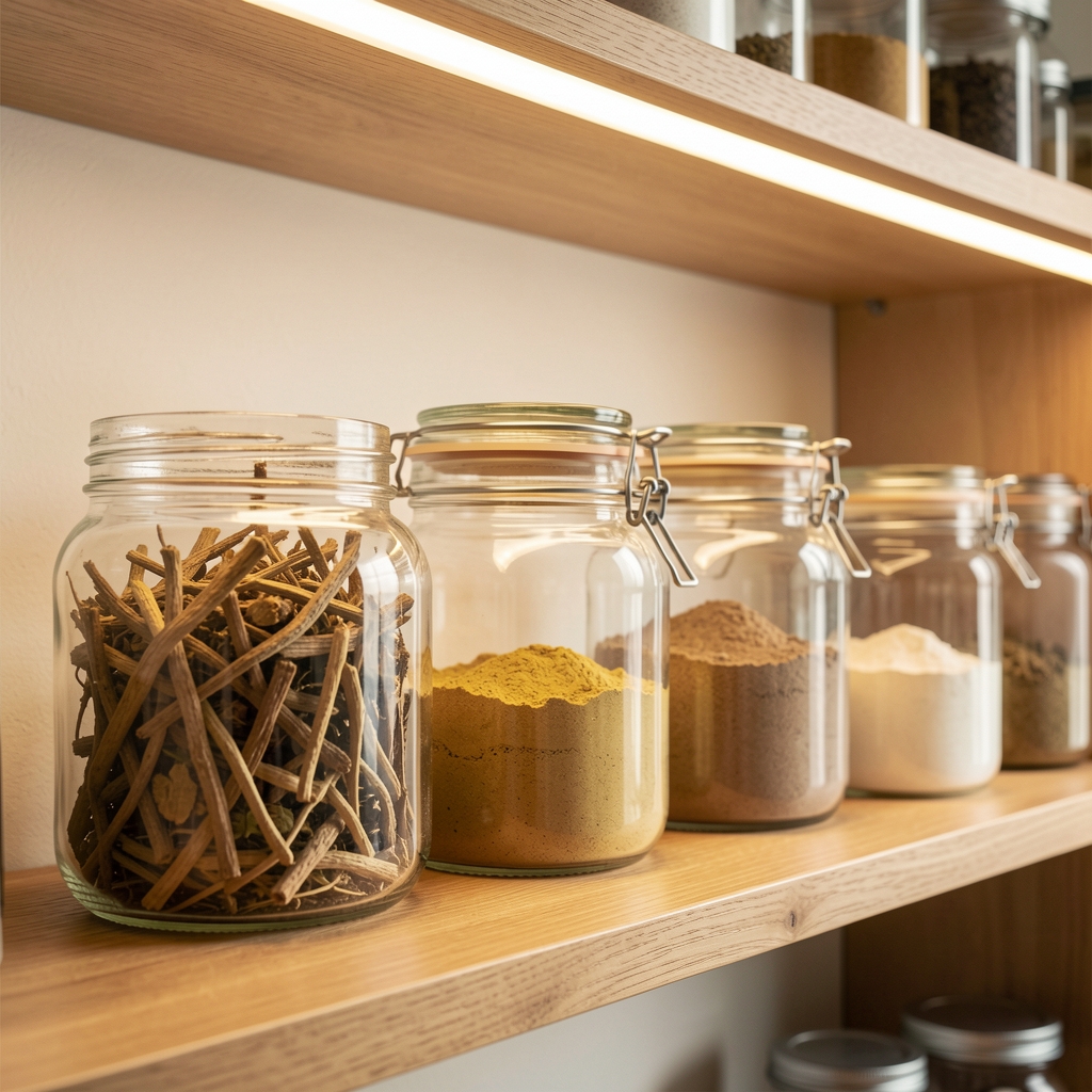 Glass jars containing dried plant roots and powdered botanical extracts on a wooden shelf in a clean workspace with warm overhead lighting