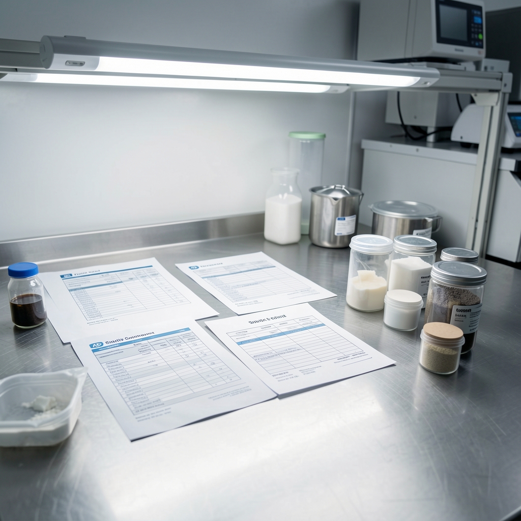 Quality control workspace showing ingredient batch documentation, specification sheets, and sealed sample containers arranged on a clean stainless surface under bright overhead lighting
