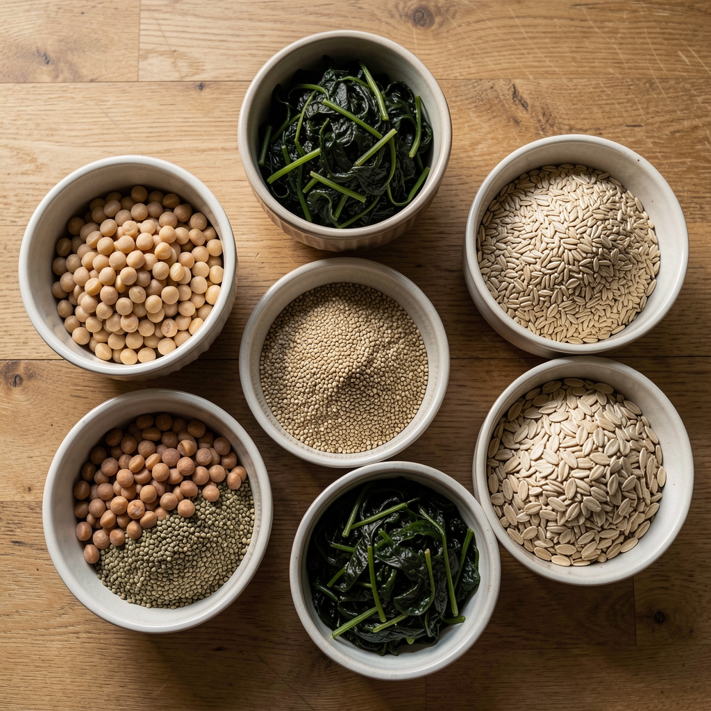 Overhead view of a meal preparation setup with portioned legumes, seeds, dark leafy greens, and whole grains in ceramic bowls on a wooden kitchen counter with natural daylight